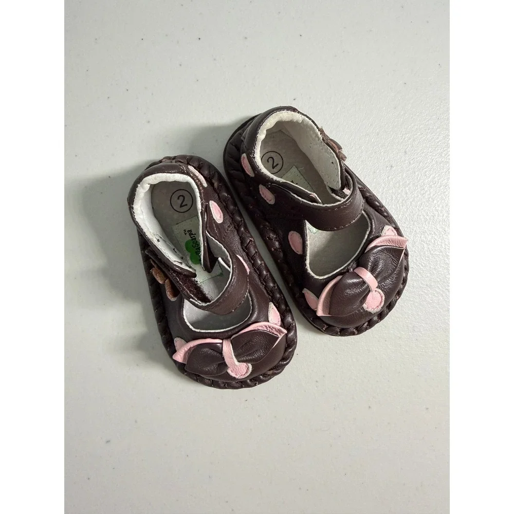 Aldabella Scarpa Baby Girls Brown Pink Leather Bow Mary Jane Shoes Size 2
